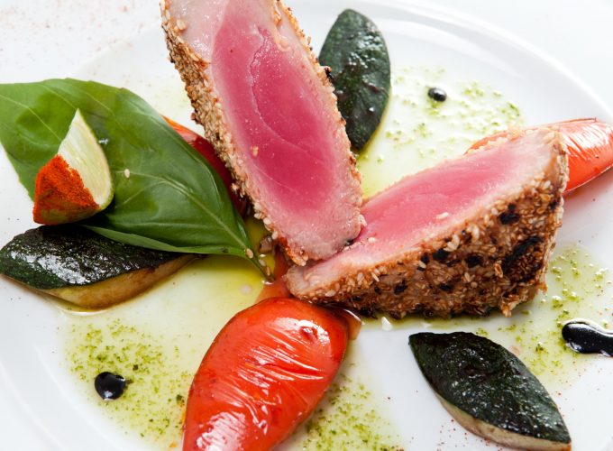 Wallpaper tuna, steak, fish, vegetables, peppers, eggplant, spinach, lime, Food 941893073